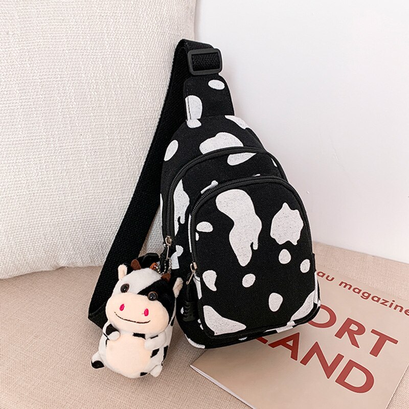 Bolso con estampado de vaca para mujer, bandolera pequeña de lona coreana, bolsos Unisex de para niñas: Black