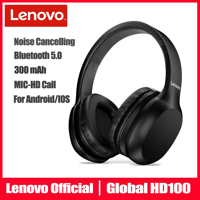 Original Lenovo HD100 Headphone Bluetooth 5.0 Long Battery Wireless with Mic Smart Noise Reduction for PC Android IOS Phone
