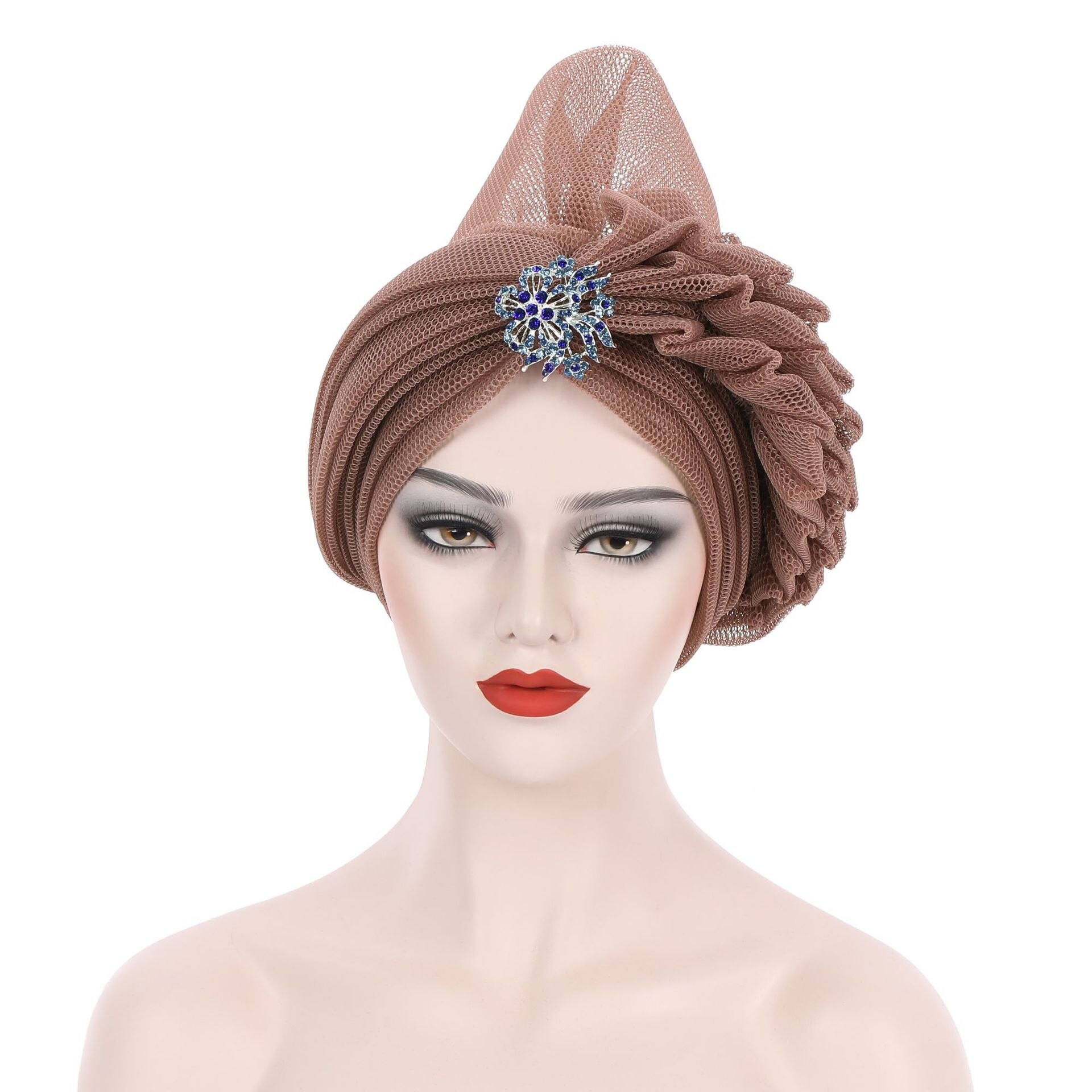 Couvre-chef africain en maille pour femmes, casquette Turban d&#39;été, couvre-chef prêt à porter, avec diamants exagérés, chapeau pour dames, gels de mariage, 2022: brown