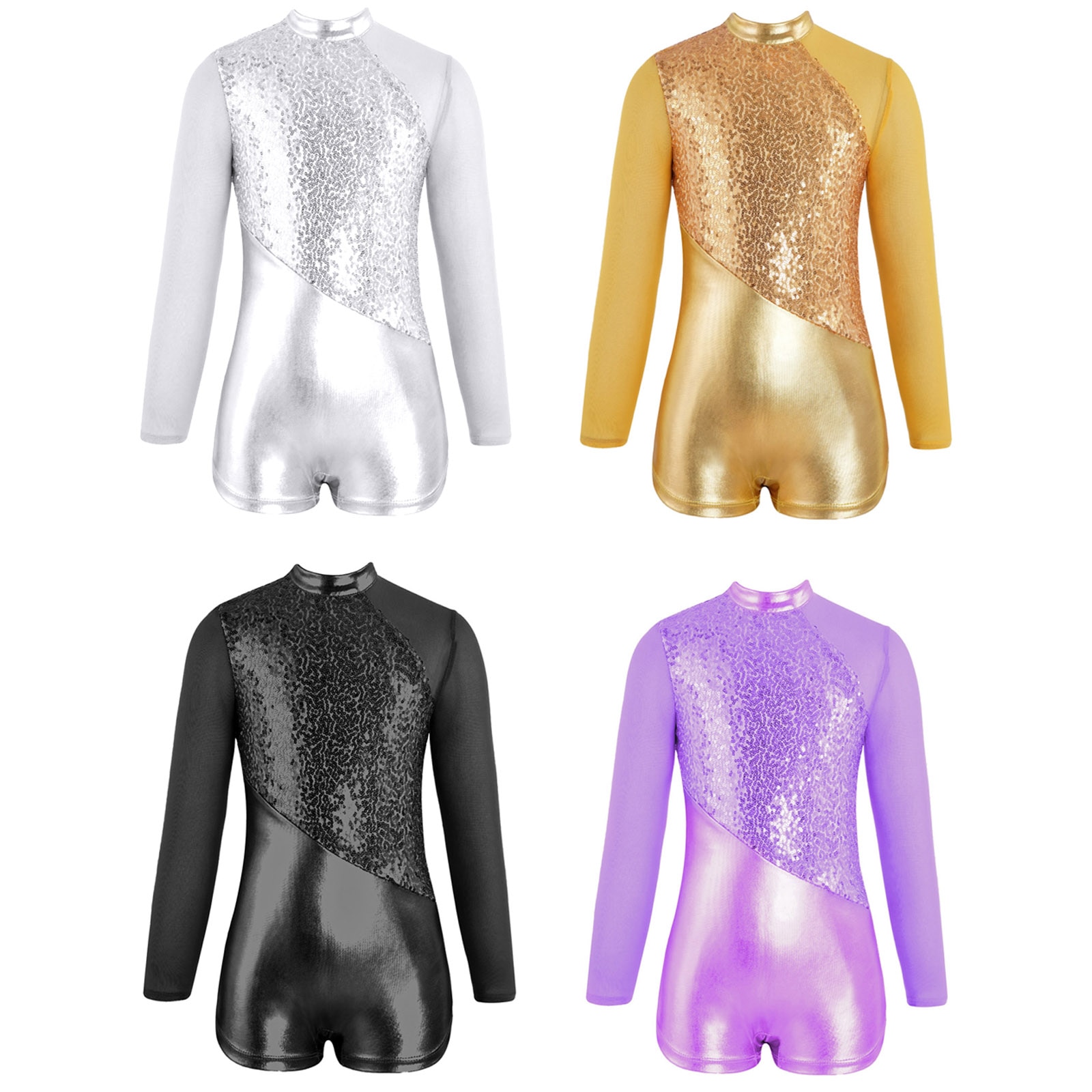 Kids Girls Sparkling Sequins Mesh Splice Metallic Dance Unitatds Long Sleeve Gymnastics Leotard for Girl Children Ballet Leotard