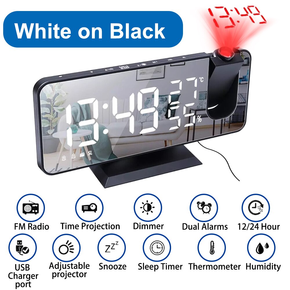 LED Digital Projection Alarm Clock Electronic Alarm Clock with Projection FM Radio Time Projector Bedroom Bedside Mute Clock: White on Black A