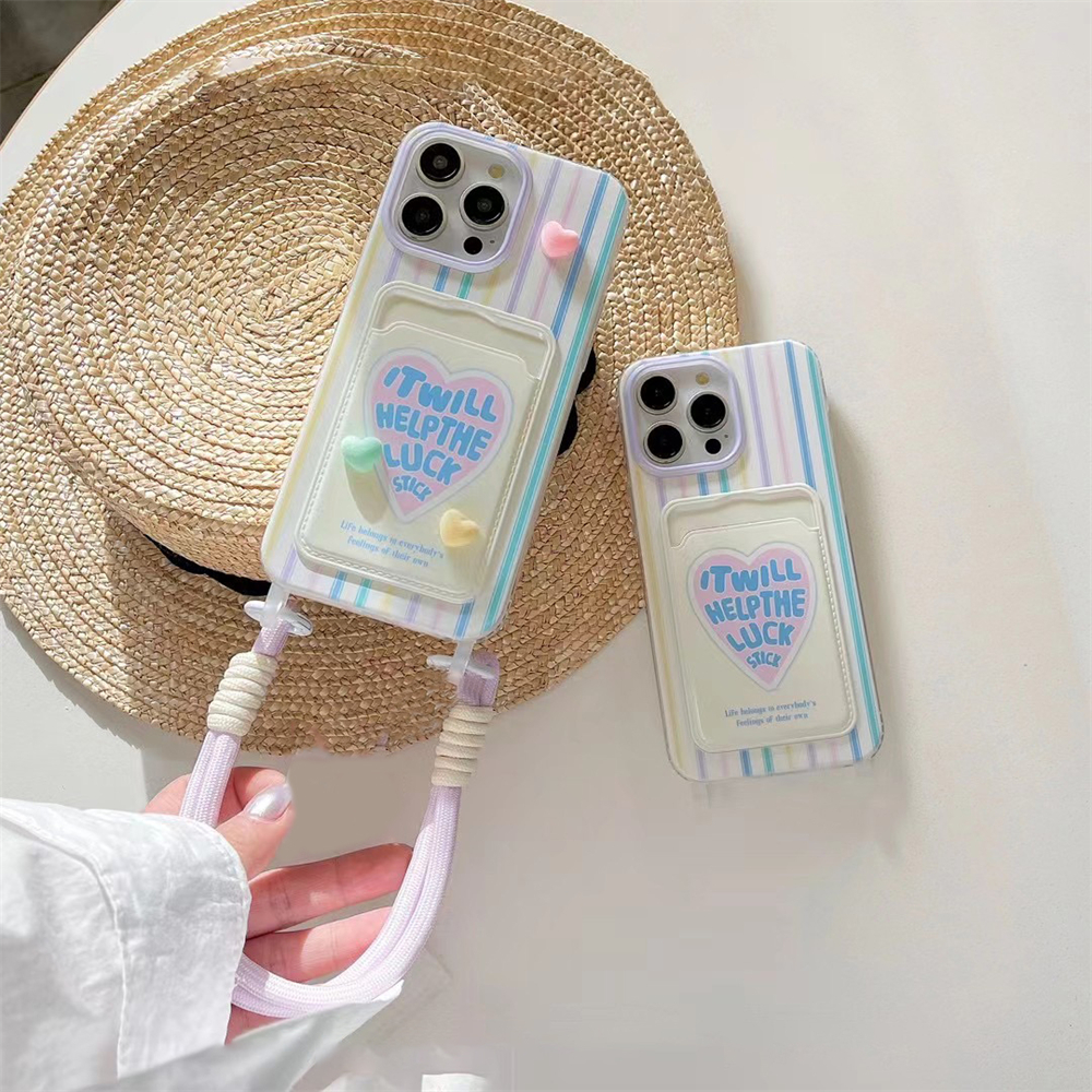 Coréen coloré 3D amour coeur carte sac lanière coque de téléphone pour iPhone 15 14 13 12 Pro Max 11 mignon Anti-chute portefeuille couverture Fundas