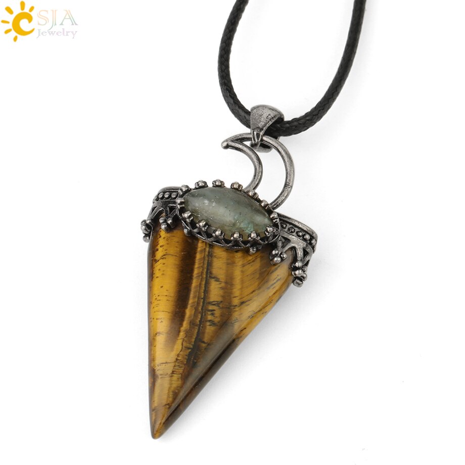 CSJA Natural Stone Triangle Pendant Necklace Antique Silver-color Crown Moon Labradorite Geometric Women Men Trendy Jewelry G324: Tiger Eye Chain