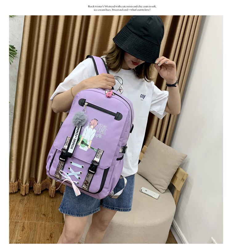 Estudante universitário mochila, náilon guitarra menina escola sacos para adolescente, usb grande capacidade médio high college adolescente schoolba: purple