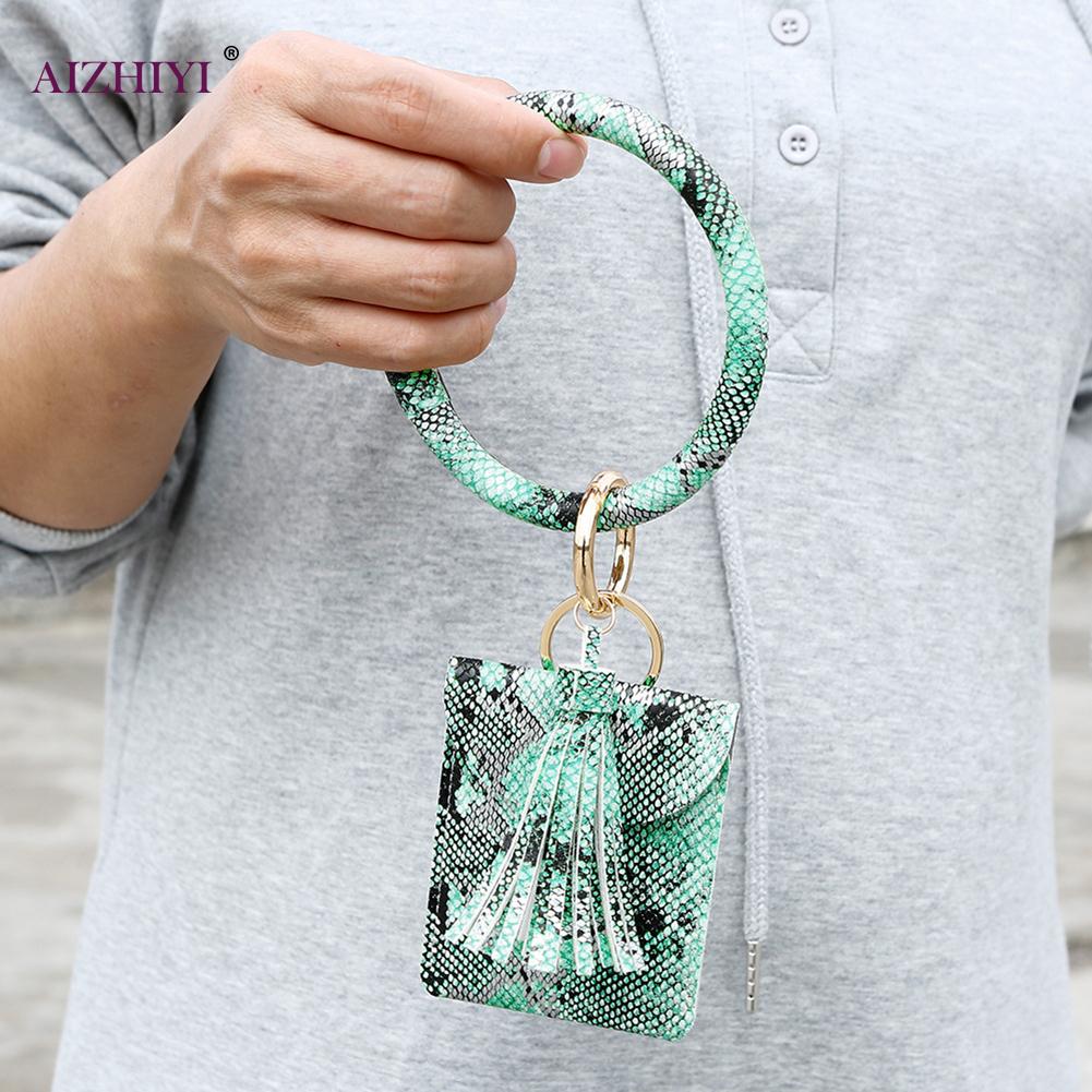 Keychain Card Bag for Women Men Leopard Wallet PU Leather Tassel Kabaw Bracelet Keychain Jewelry