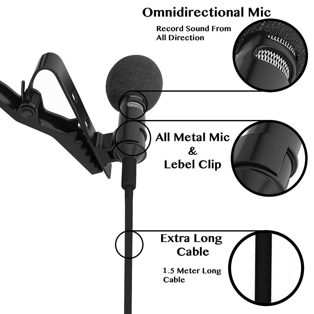 Clip-On Condenser Omni Directional Microphone Double Head Smartphone Computer Lapel Mic 3.5mm Plug and Play with Clip Adapters