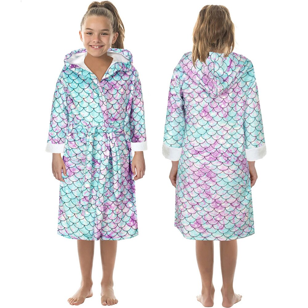 Kid Bath Robe Mermaid 3D Printed Children&#39;s Homewear Warm Nightgown Double-sided Flannel Soft Bathrobe Hooded Child