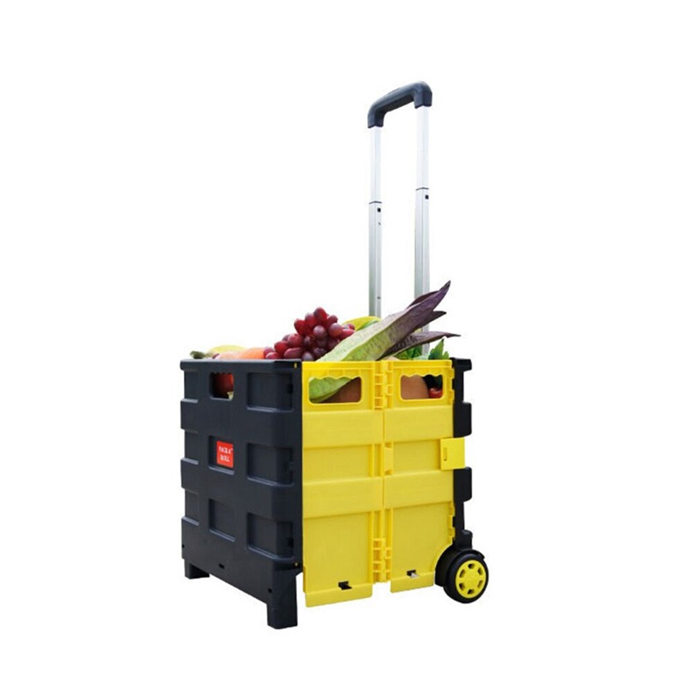 Winkelwagen Opvouwbare Boodschappentas Winkelwagen Twee Wielen Inklapbare Handkar Met Deksel Draagbare Rolling Kruidenier Winkelwagen Utility Mand Zetel 45L: Black  Yellow