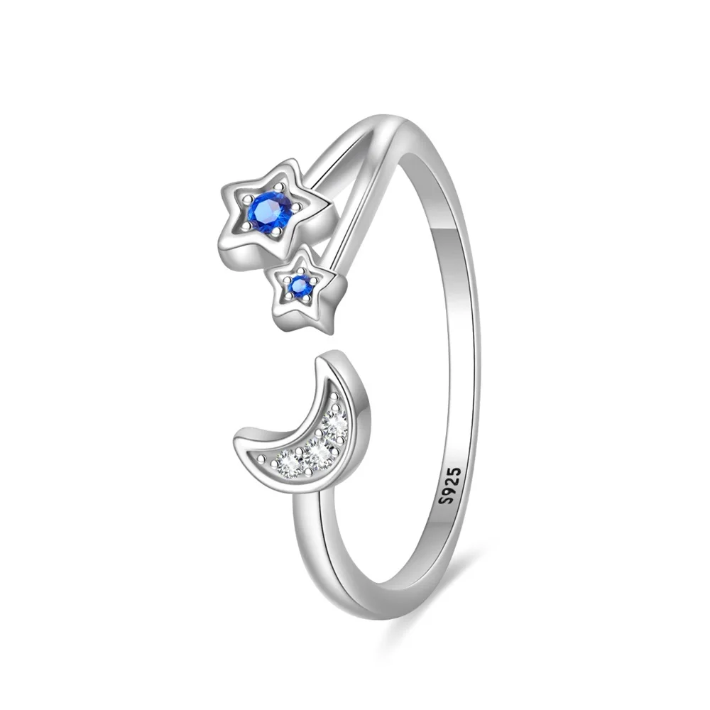 Original Sterling Silver 925 Ring Star and Moon Combination Series Rope Double Layer Ring Women's Wedding Engagement Ring: Blue / 8