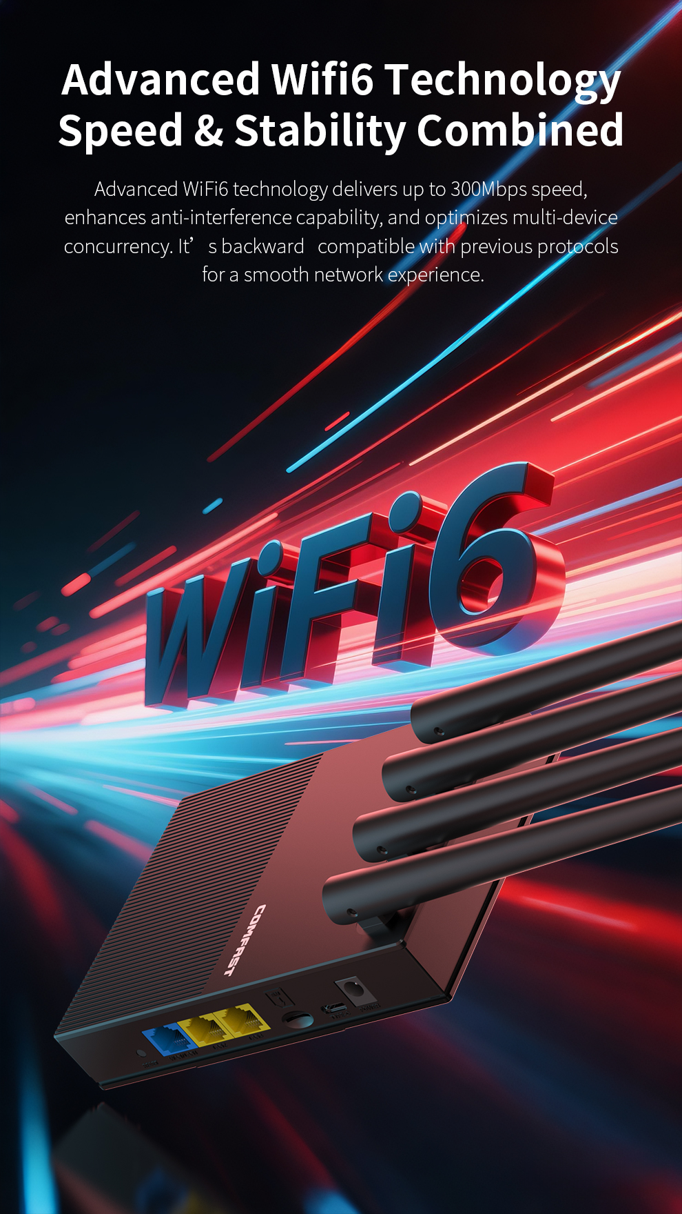 Router comfast mini 4g lte wi-fi 6 300 mb/s, modem bezprzewodowy, zasilanie typu c/dc, 4 anteny, karta sim cpe, hotspot, wtyczka eu