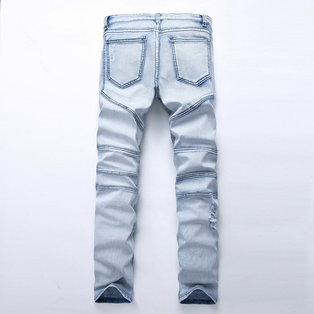 Mens Ripped Biker Jeans 100% Cotton Slim Fit Motorcycle Jeans Men's Skinny Hole Denim Joggers Pants