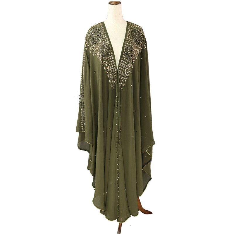 MD Super Size Chiffon Djellaba Dress Beading Embroidery Muslim Kimono Abaya Cardigan Dubai Turkish Kaftan Moroccan Boubou: Green