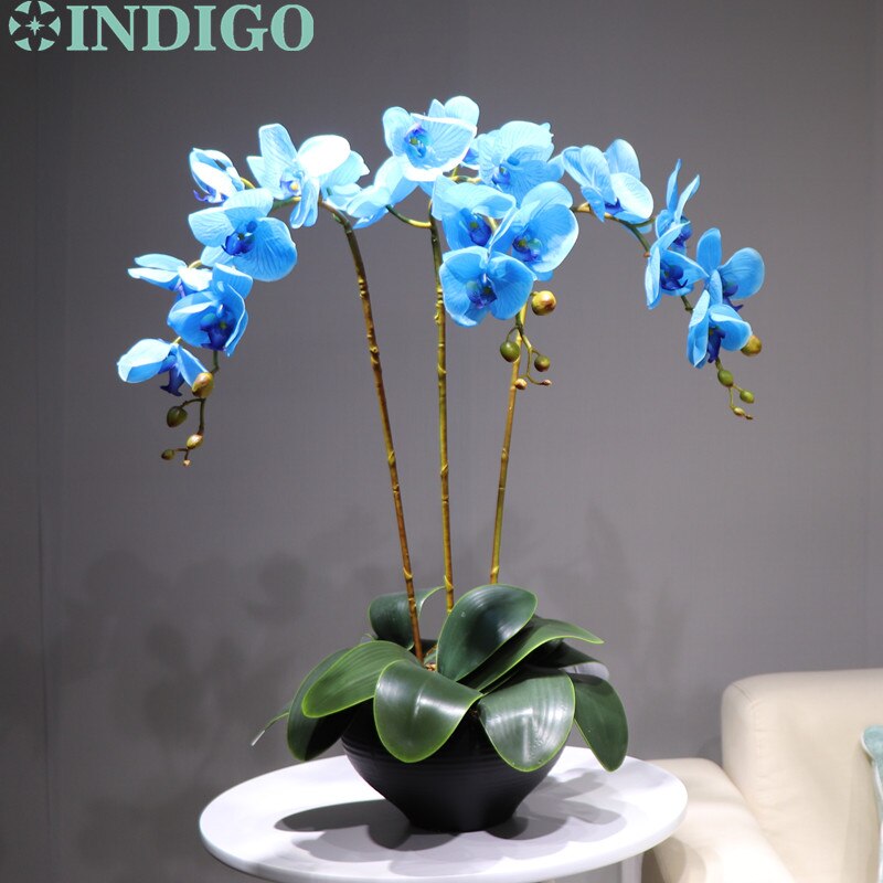 Arrangement fleur orchidée INDIGO-rouge grand 90cm (3 orchidée + 3 feuilles) vraie touche fleur décoration de fête de mariage