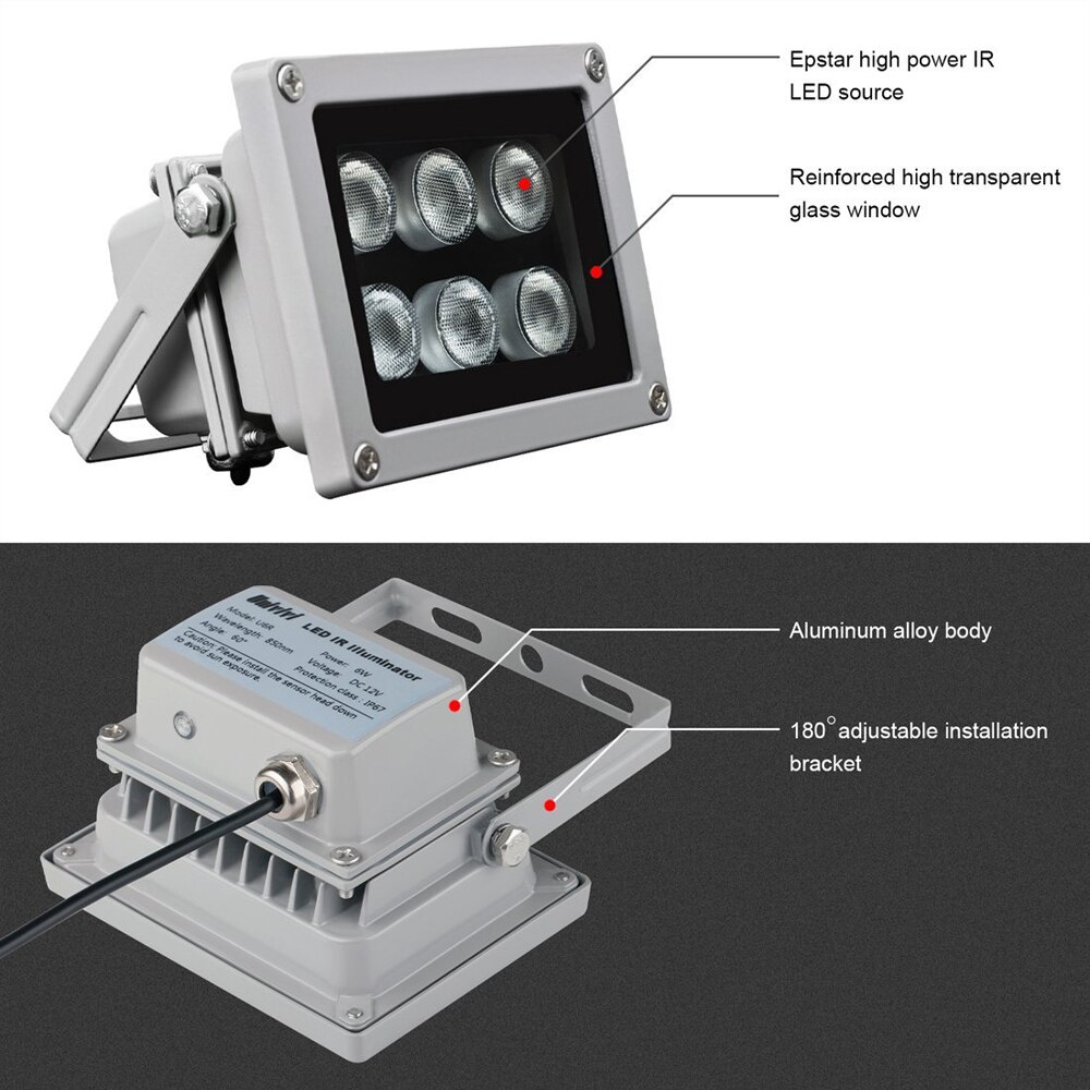 Luz infrarroja con 6 luces LED de visión nocturna, 50M, 850nm, lámpara iluminadora de aluminio para cámara de seguridad IP CCTV con potencia de 12V 2a