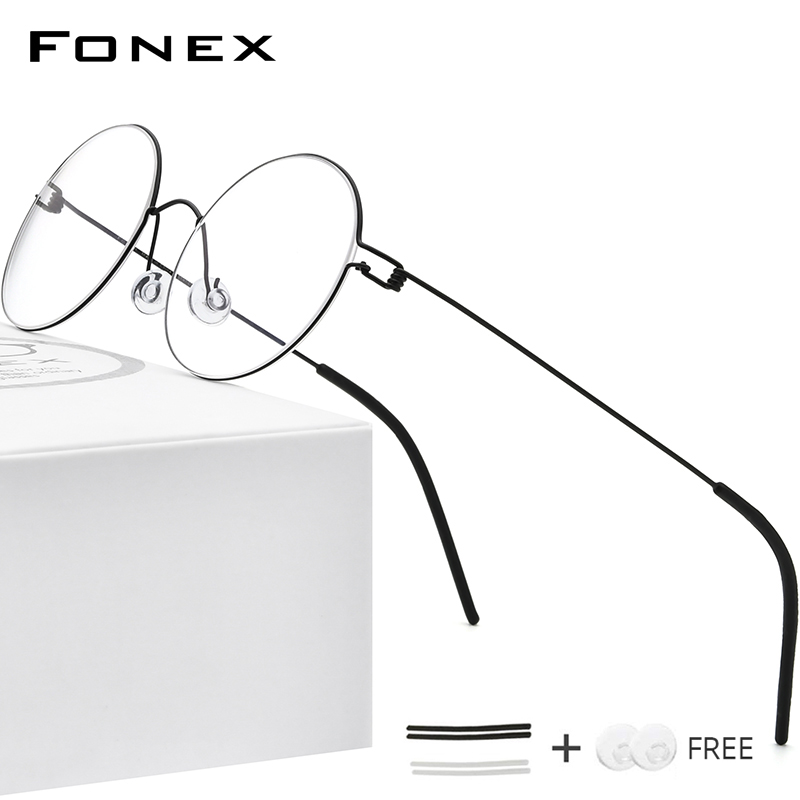 FONEX Screwless Eyewear Prescription Eyeglasses Frame Women Round Myopia Optical Denmark Korean Glasses Frame Men Titanium 98607: black