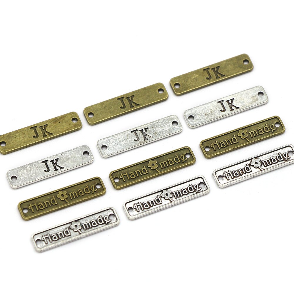 Etiquetas de Metal hechas a mano de 10 piezas, etiqueta Vintage rectangular, de bronce plateado, para coser ropa, chaquetas, sombreros, accesorios de ropa de aleación