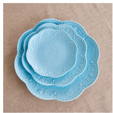 European Style Flat Plate-6&quot;8&quot;10&quot;Western Steak Plate -Embossed Round Shallow Plate Pure White Bone China Dessert Tray Home Acces: 3pcs set-Blue