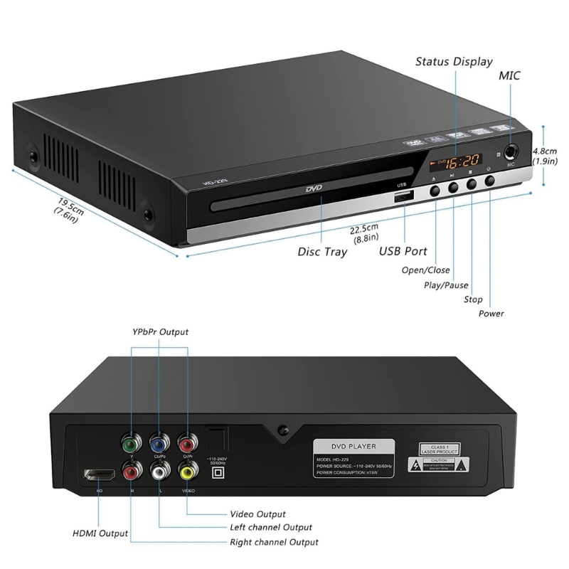 Dvd-spelare för tv med hdmi-kompatibel av-utgång, svcd-spelare för hemmabruk, regionsfri cd-rw-spelare för hemmastereo