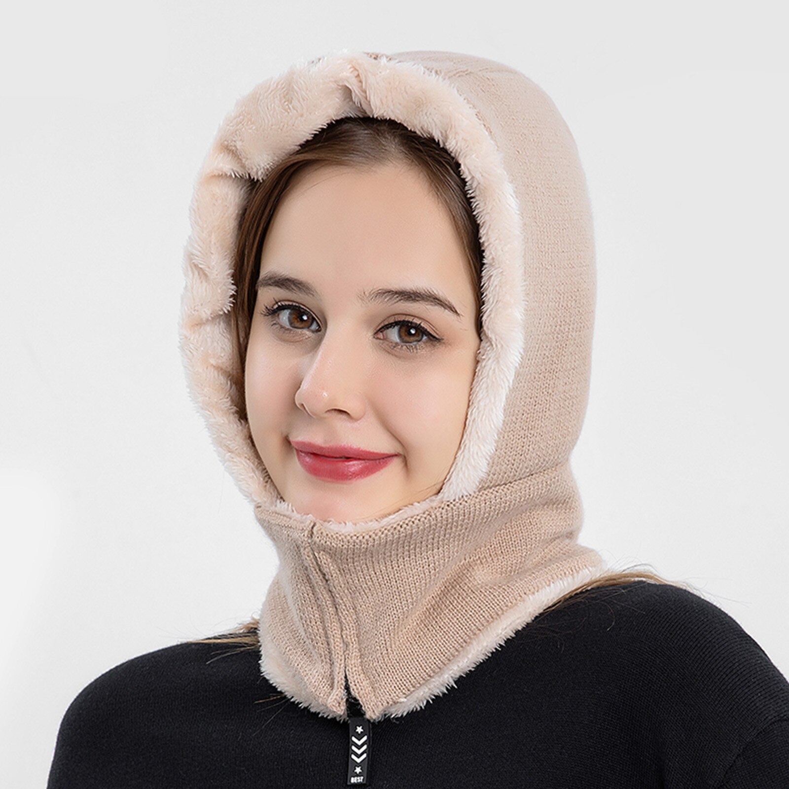 Winter Solid Black Knitted Hat Autumn Winter Ear Protection Thickened One Piece Cap Keep Warm Windproof Hat Face Cover #T2G: Beige 