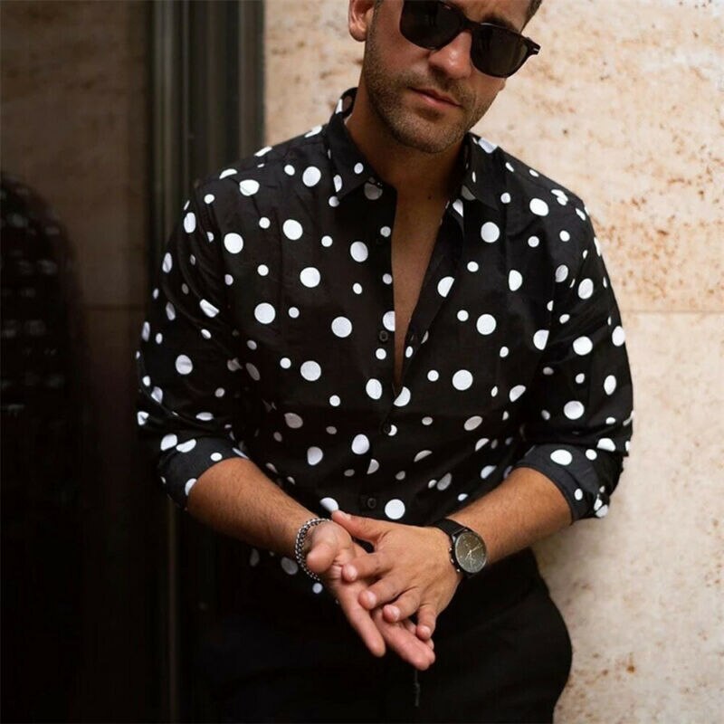 Men´s Black Long Sleeve Shirts Casual Button Down Shirts Tops Polka Dot Printed Handsome Blouse