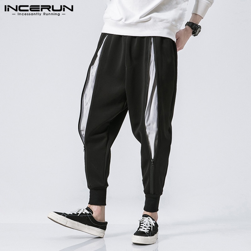 Sweatpants Men Loose Patchwork Pants INCERUN Men Solid Color Zipper Joggers Trousers Casual Elastic Waist Pantalones 5XL