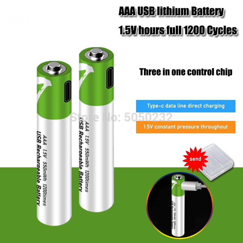 AAA Rechargeable Batteries - 1.5V 550mWh USB Li-Ion - Pack of 4, 8, 12, or 20
