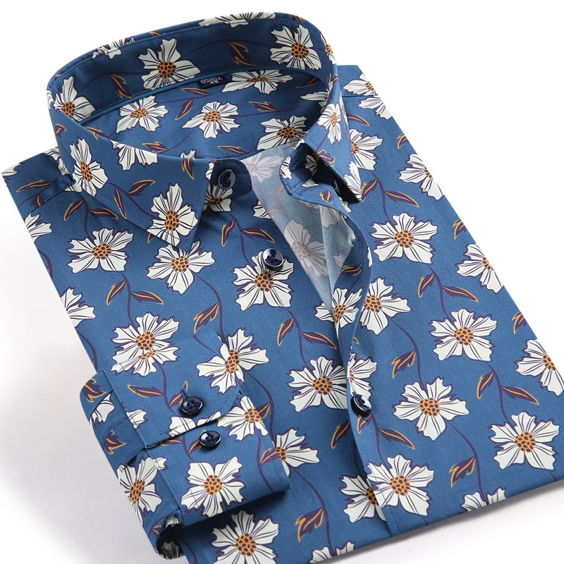 Men's Casual Beach Floral Print Hawaiian Shirts Pocket-less Long Sleeve Standard-fit Stylish Flowers Cotton Shirt