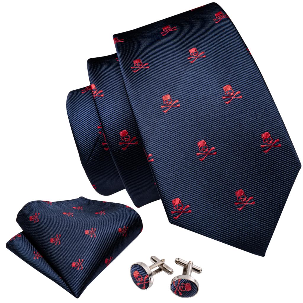 Red Skull Men Tie Set 8.5cm Silk Handkerchief Ties For Men Wedding Business Barry.Wang Gravata Necktie