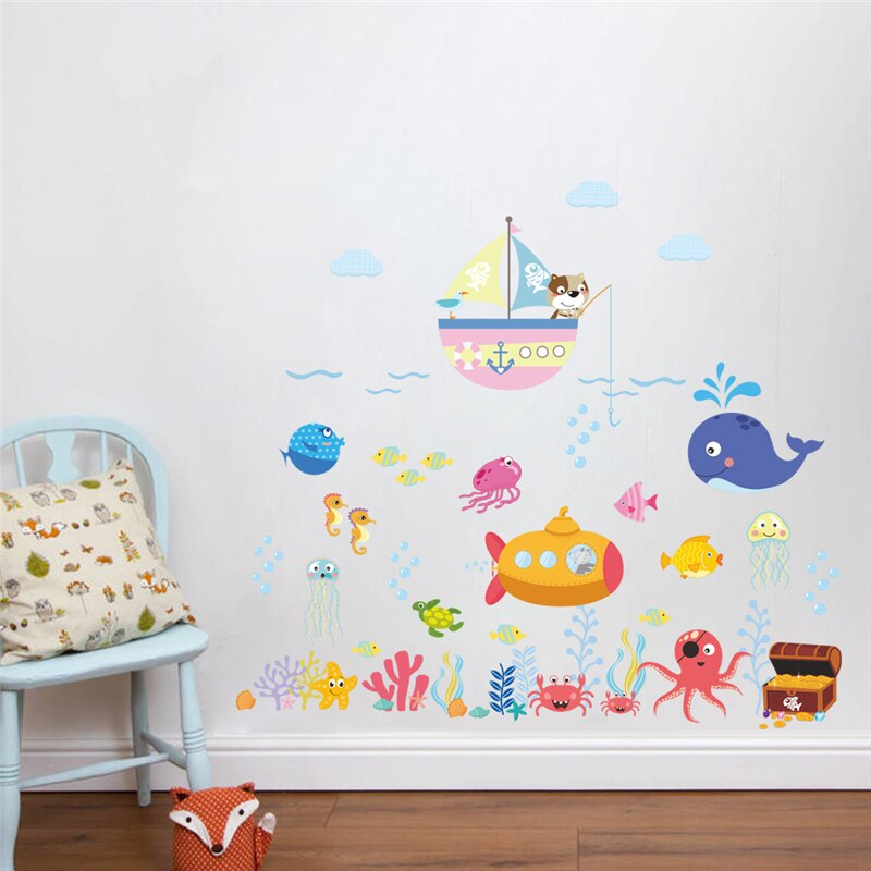 Tegneserie undervandsfisk boble væg klistermærker til børneværelser badeværelse børnehave hjem indretning pvc vægoverføringsbilleder diy vægmaleri kunst