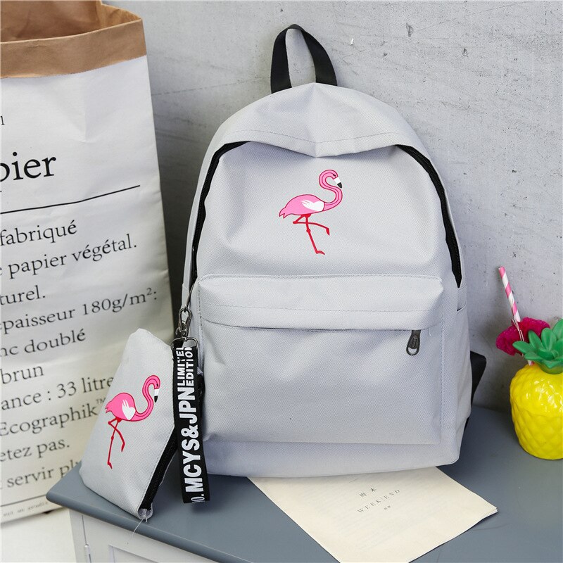 Piger skoletasker børn rygsække elevtasker stor kapacitet flamingo print lærred rygsæk til teenage piger tasker: Grå
