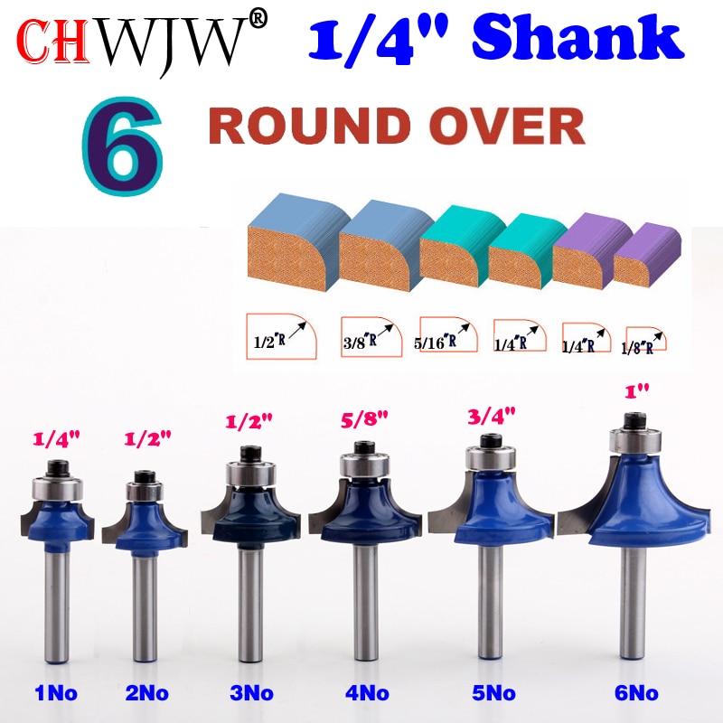 6PC 1/4" Shank Round Over Router Bit Set 1/2,3/8,5/16,1/4,1/8 Radius Tenon Cutter for Woodworking Tools