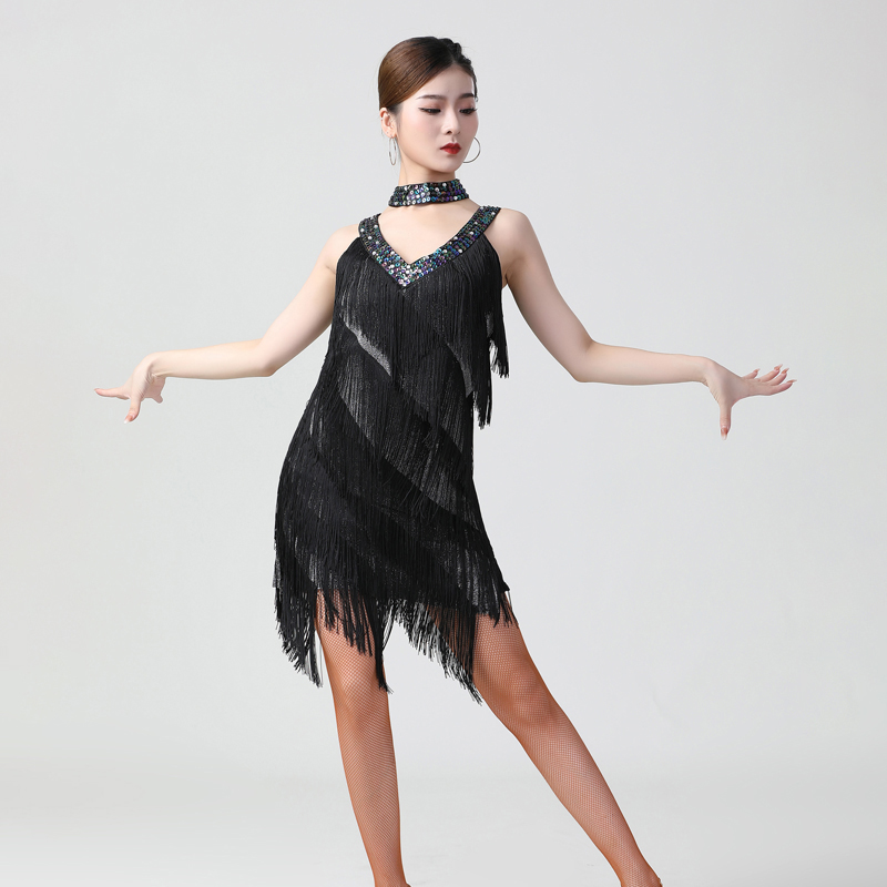 Ladies Party Ballroom Latin Tango Salsa Dance Dress Fringes Tassels Dress Women Festival Costumes 9 Color: Black Silver