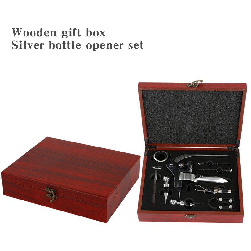 Red Wine Corkscrew Set 9 pcs/set Zinc Alloy Rabbit Shape Red Wine Opener Tools Luxury Wooden Box Packaging: Wooden Silver