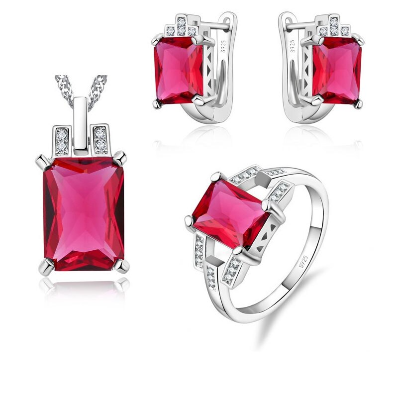 Las mujeres de la joyería de la plata esterlina 925 juegos de accesorios de azul colgante CZ Set anillo Collar para novia joyería: Red / 7