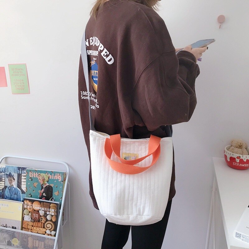 Katoenen emmertas gestreepte gewatteerde schoudertassen crossbody trekkoord kleine tas warme canvas draagtas voor dames
