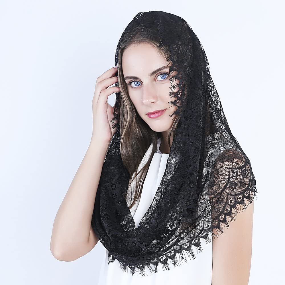 Foulard infini en dentelle pour femmes, style catholique, voile d&#39;église, couverture de tête, Latin messe, châle de mariée, noir