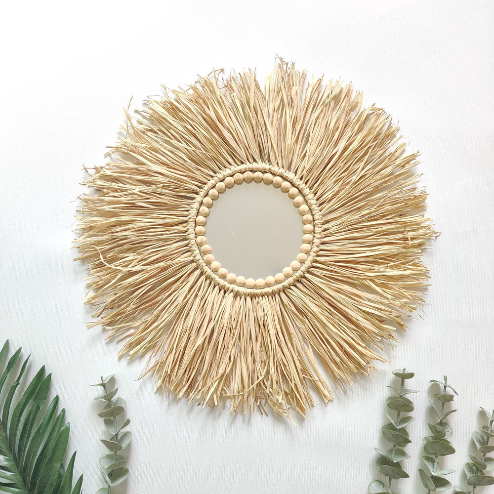 Miroir de paille rond tissé en bois marocain, nordique, perles de maquillage suspendues, ornements muraux, artisanat de décoration de maison