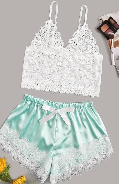 Sommer kvinner sexy pyjamas silke pyjamas sett nattøy dyp v slynge undertøy sett elastisk bowknot shorts dame sommer pyjamas: Grønn / L