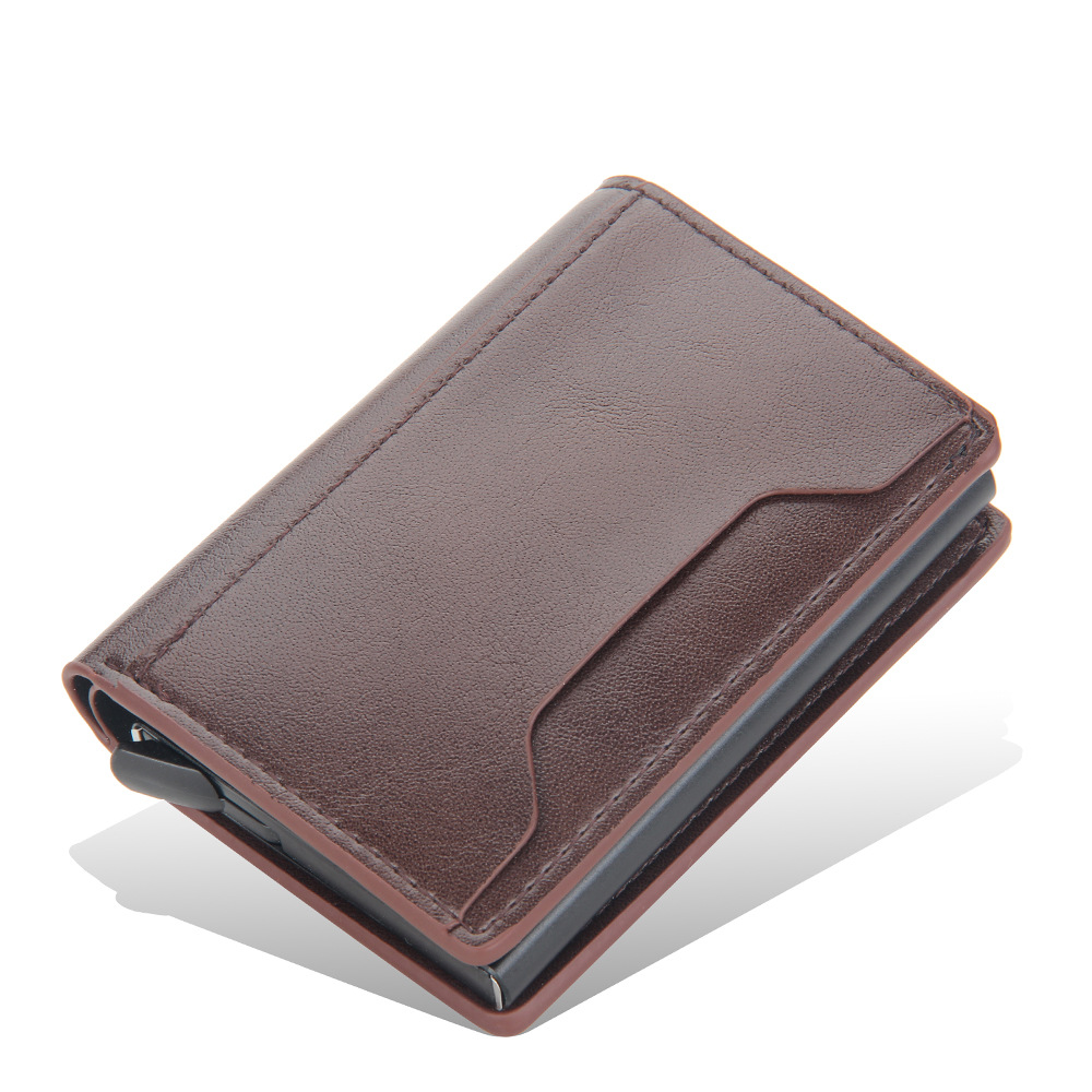 Mænd slim pung pu læder id-kortholder rfid anti-tyveri smart pung aluminiumslegering kreditkortholder mini pung til kvinder: Kaffe
