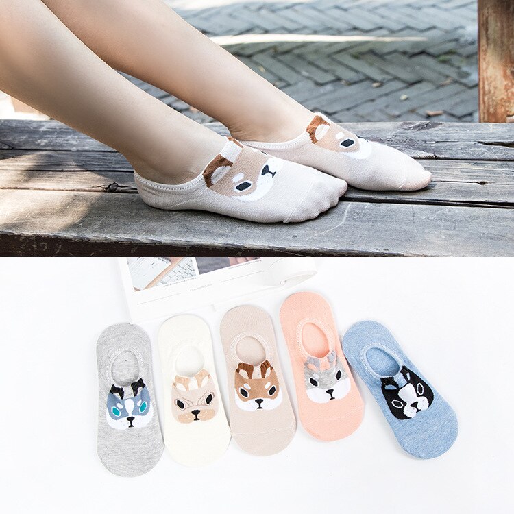 5 Paren/partij Lente Zomer Korea Sokken Vrouwen Cartoon Kat Vos Leuke Animal Print Grappige Onzichtbare Boot Katoenen Sokken: T