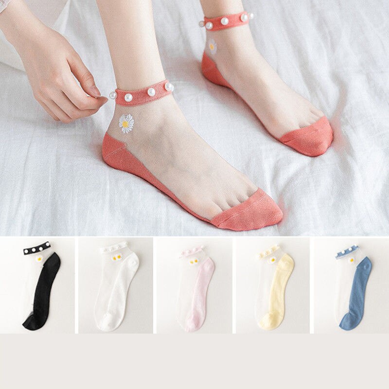AECU 5 Pair Breathable Ankle Socks Pearl Summer Women Transparent Lace Silk Flower Cute Girls Elastic Short Socks Female Sox: 4-5pcs