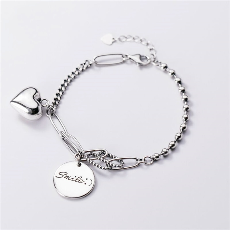 Sole Memory Round Tag Smooth Shiny Heart Pendant 925 Sterling Silver Female Resizable Bracelets SBR268: Bracelet