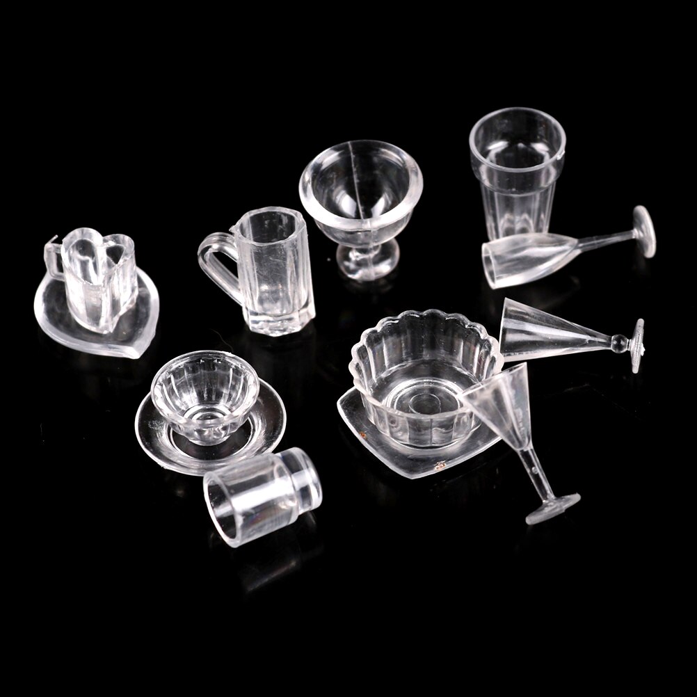 1 Set(13 pcs) Mini Transparent Dish Plate Drink Cups Tableware Miniatures DIY Pretend Play Kitchenware Toy