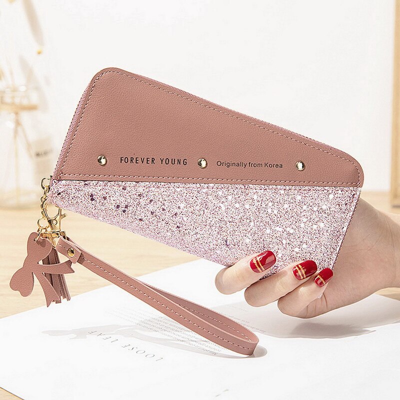 Women Sequined Patchwork Glitter Wallet for Women Long PU Leather Cards Wallet Coin Purse Female Wallets Girls: Dark Pink