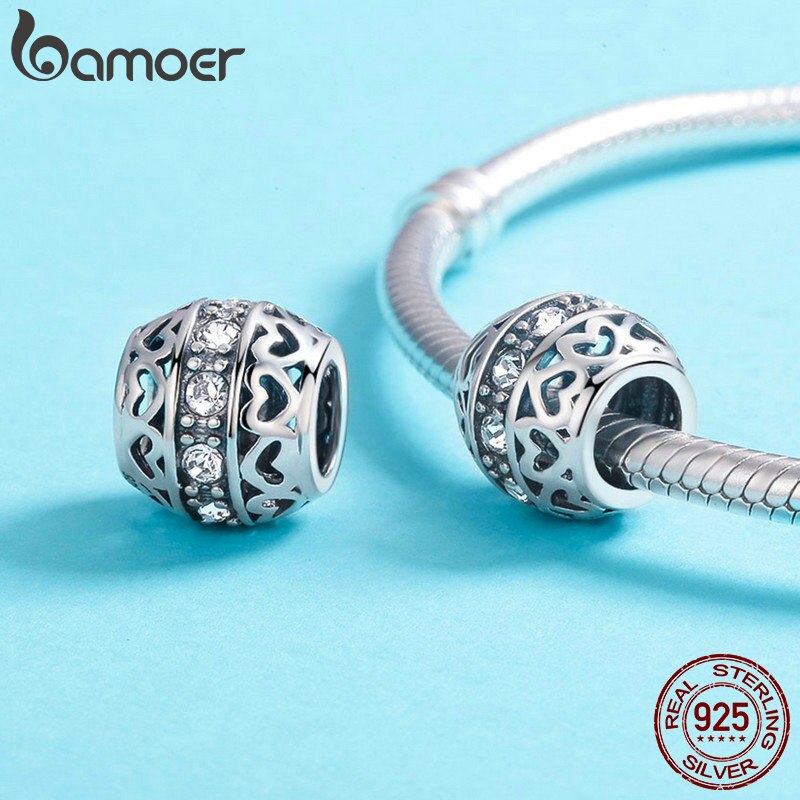 Bamoer Echt 925 Sterling Silver Stapelbaar Hart Kralen Clear Cz Kralen Fit Charm Armband Ketting Valentijn Dag SCC523