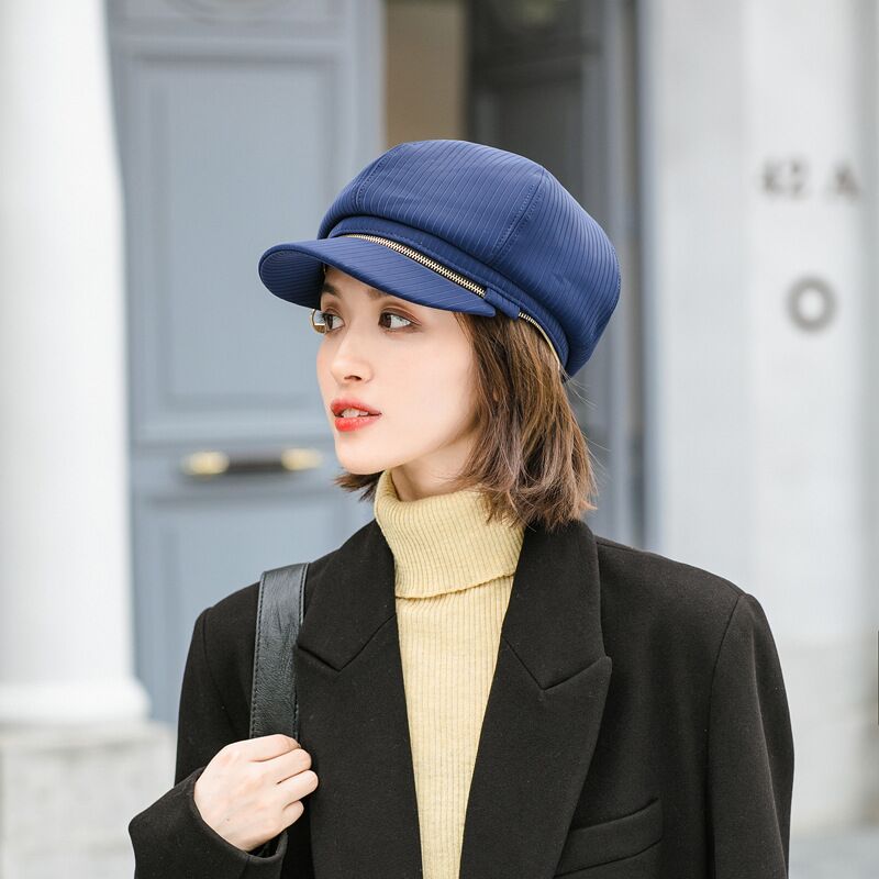 Boina, gorro de otoño-invierno , sombrero de mujer Vintage a rayas octogonal, gorra de caballero, gorra de pintor con cremallera para mujer, sombrero de pintor artístico de doble uso: navy blue