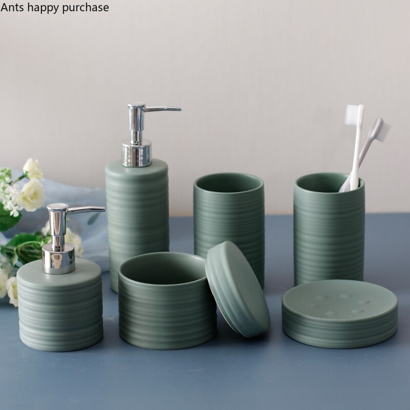 Green Bathroom Wash Set Ceramic Bathroom 6-piece Set Jewelry Box Cotton Swab Box Soap Dish Lotion Bottle Mouth Cup Toiletries