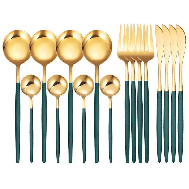 16Pcs/Set White Gold Cutlery Set Knives Forks Tea Spoon Dinnerware Flatware Stainless Steel Silverware Kitchen Tableware Set: 16 Pcs Green Gold