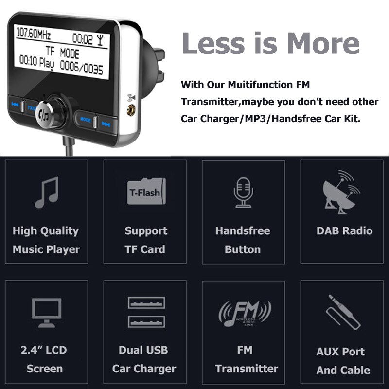 DAB Bluetooth Fm-zender 2.4 "Lcd-scherm Handsfree AUX FM Modulator Multifunctionele Ondersteuning Autolader QC3.0 Met DAB Antenne