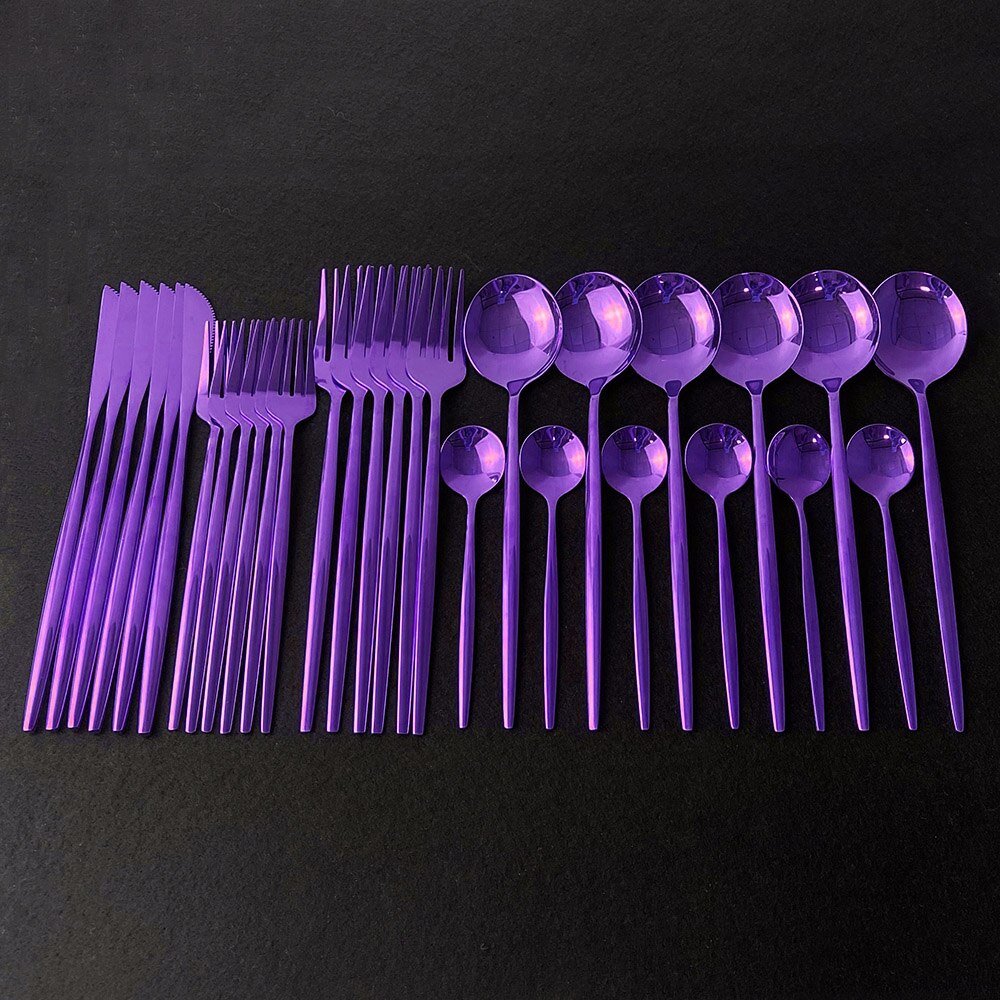 30pcs Dark Green Dinnerware Set 18/10 Stainless Steel Cutlery Set Flatware Tableware Set Dinner Knife Fork Spoon Dishwasher Safe: Purple